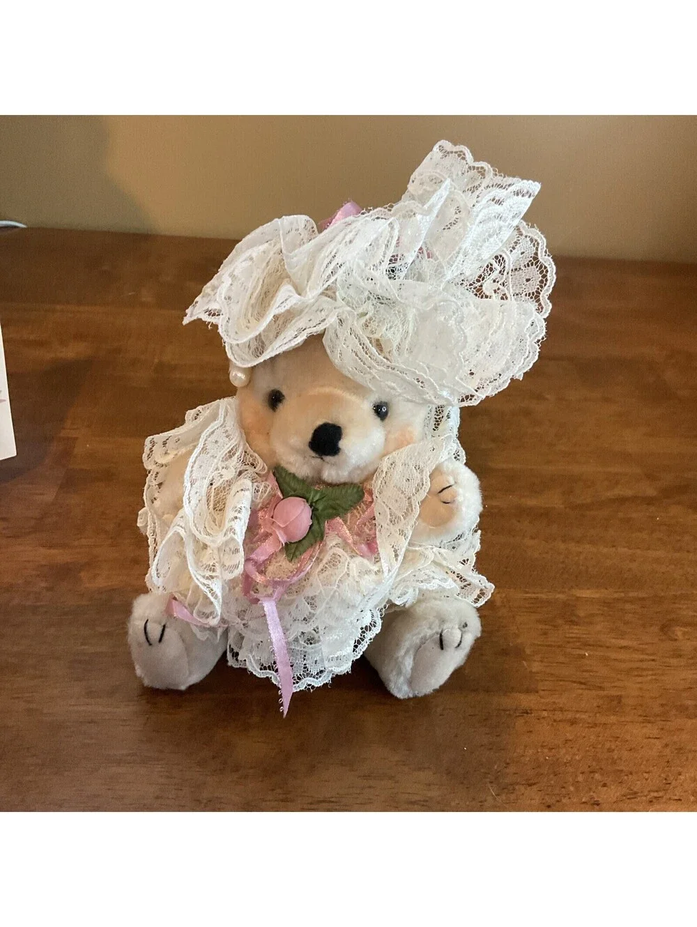 Vintage White Plush Toy Teddy Bear Beige Lace Dress Stuffed Animal 9 Tall